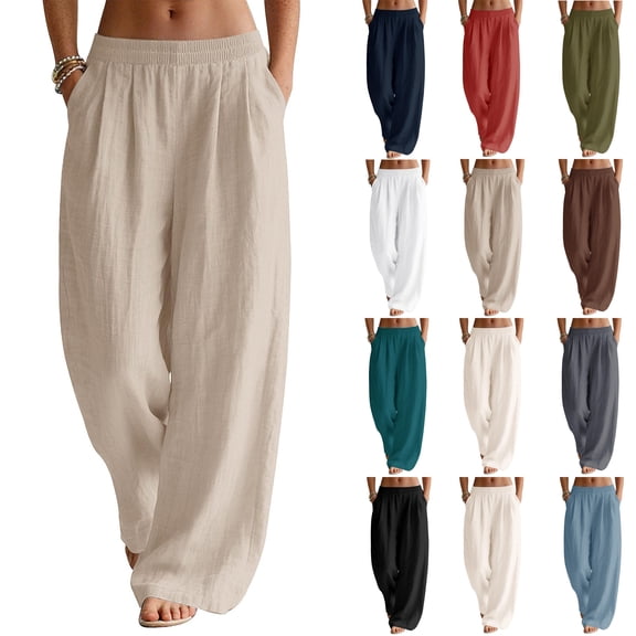 Palazzo Pants for Women Wide Leg Flowy Long Pant Elastic Waist Beach Drawstring Casual Pants Khaki M