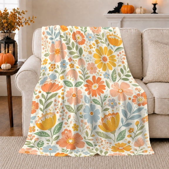 Pastel Garden Flowers With Upright Leafy Stems, Soft Flannel Blanket with Retro Botanical Illustration Print, Housewarming Gift and Home Decor for Bedroom and Living Room