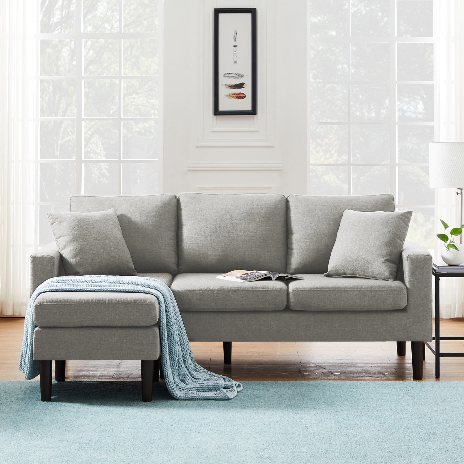 Kadyn 72" Sectional Sofa, L-Shaped Sofa with 2 Pillows, Fabric 3-Seat Sofa for Living Room, Light Grey