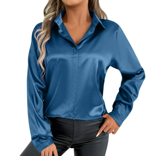 Vestido blusa de satén con cuello en V para mujer tallas grandes - Top túnica informal de manga larga - Conjunto de color liso para primavera y otoño - Tallas S-XL