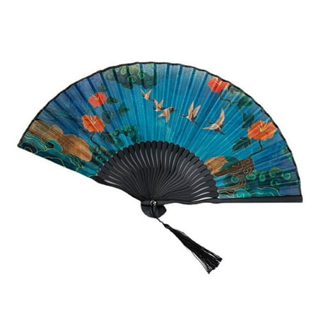 

Chinese Style Vintage Handheld Folding Fan with Tassel Crane Flower Printed Pattern for Wedding Dancing Party Cheongsam