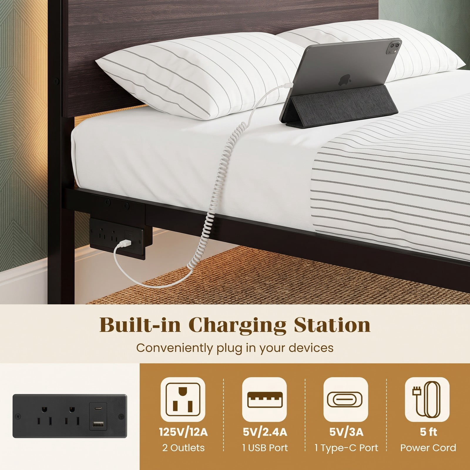 Furnibear Full Size Bed Frame Metal Platform Bed with 16 Color LED Lights Wood Grain Headboard and USB Charging Station, Dark Walnut