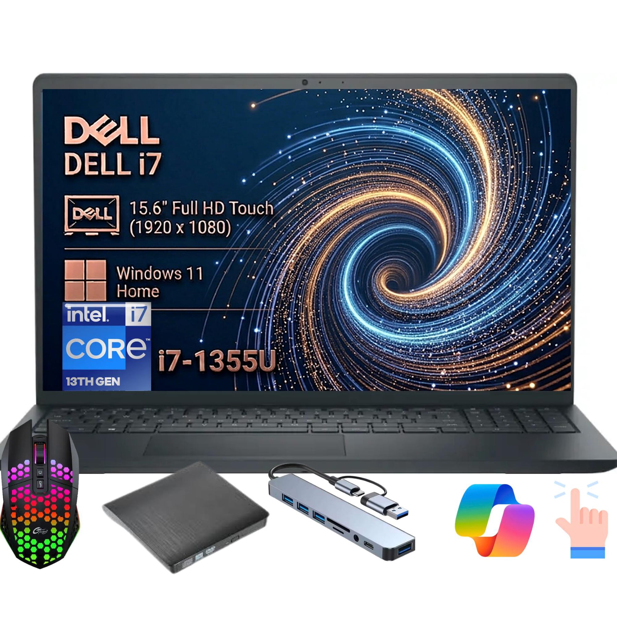 Dell DC15250 15.6 FHD Touch Laptop Intel Core i7-1355U 24GB DDR5 RAM 256GB SSD Windows 11 Home Carbon Black