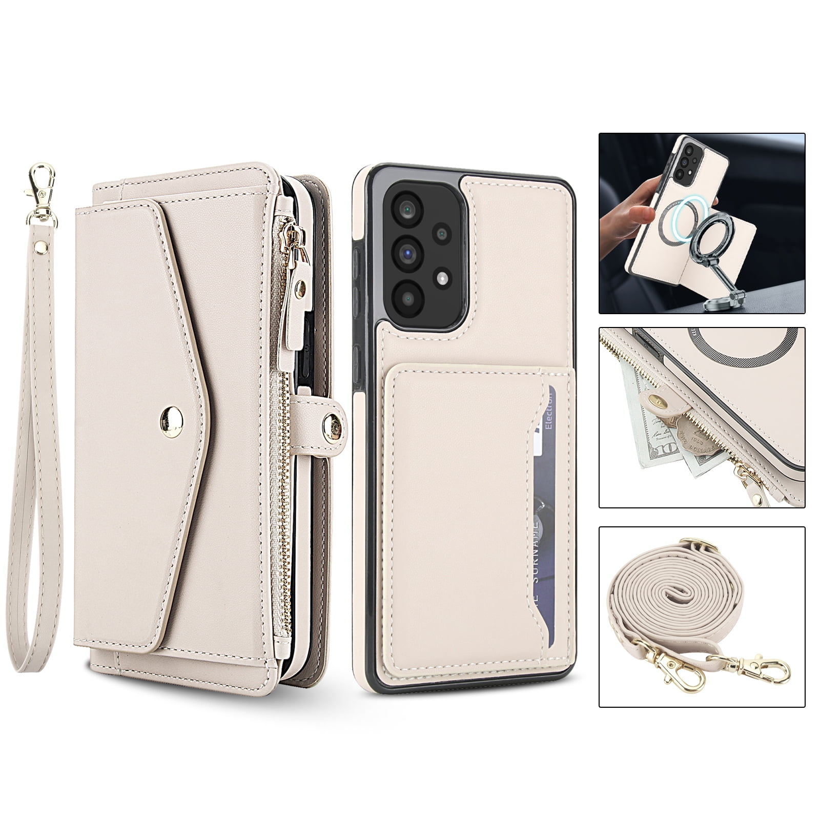 Designed for Samsung Galaxy A14 5G Multi-Function Wallet Phone Case,With Shoulder Strap&Wrist Strap,Cash Pocket&Card Slots,Zipper Purse,Magnetic Detachable PU Leather Flip Phone Case,White