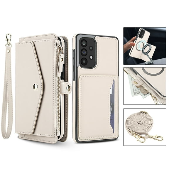 For Samsung Galaxy A36 5G Crossbody Wallet Phone Case,Magnetic Detachable Flip,With Shoulder Strap&Wrist Strap,Zipper Pocket,Card&Cash Slots,PU Leather Shockproof Rugged Phone Case,White