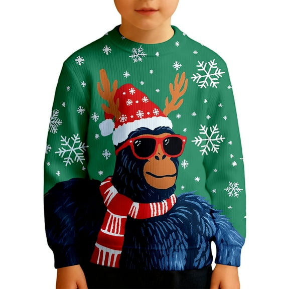 Wdgfv Unisex Kids Girls Boys Christmas Sweater Animals 3D Graphic Funny Long Sleeve Crewneck Holiday Pullover Sweatshirt Green 11-12 Years
