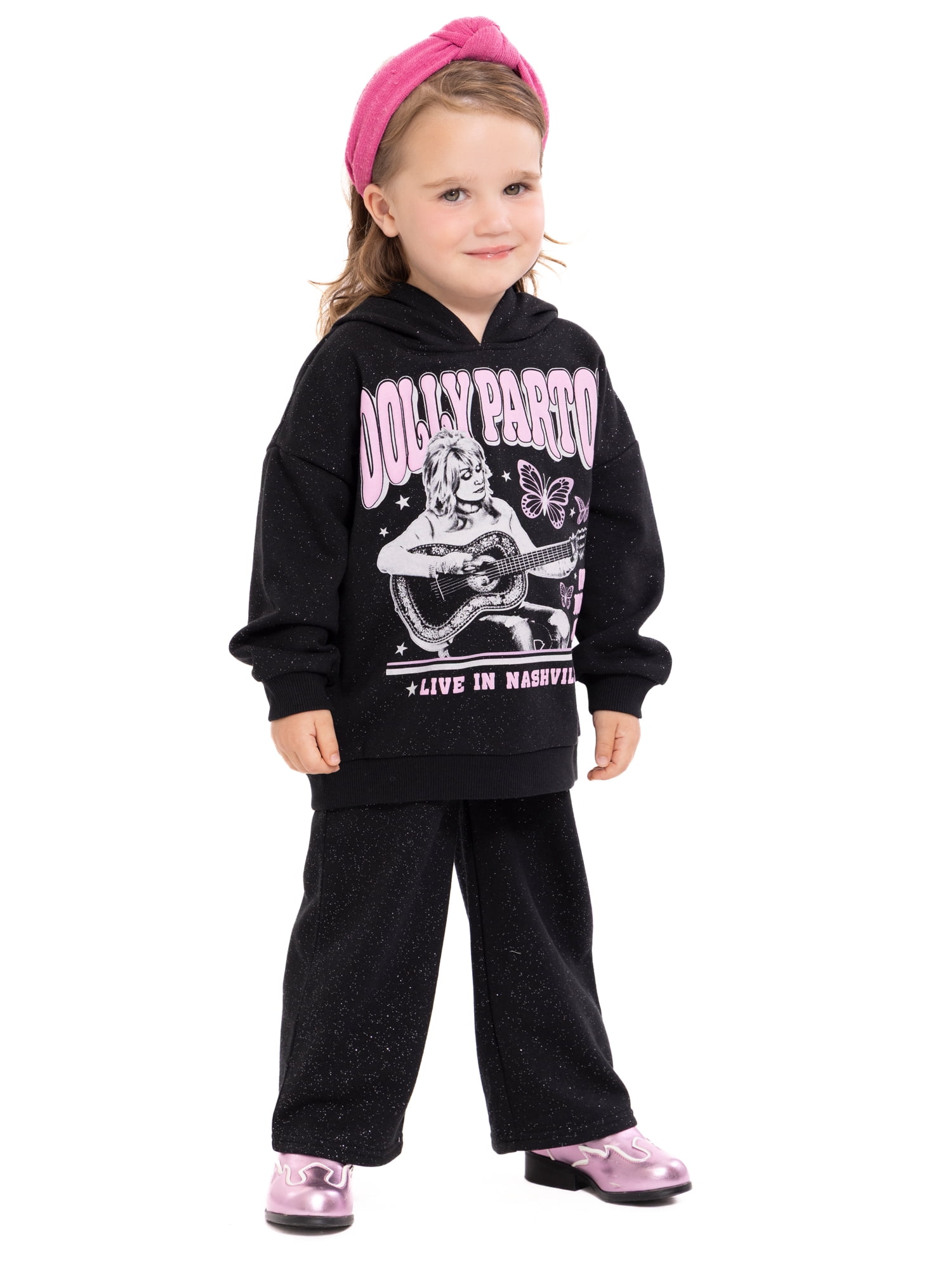 Dolly Parton Baby and Toddler Girls Graphic Glitter Hoodie and Flare Pants Set, 2-Piece, Sizes 12M-5T