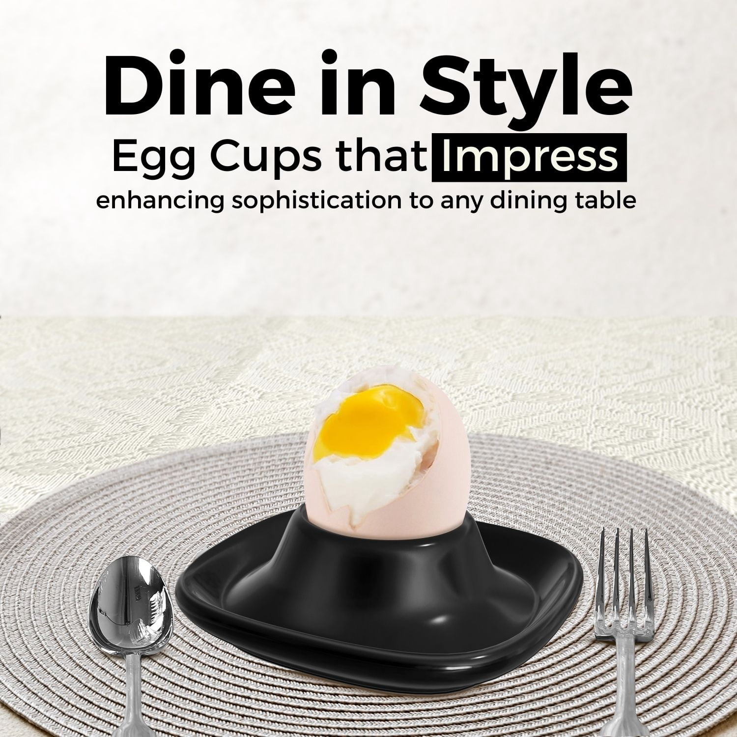 Ceramic Egg Cups Set of 6 Half Dozen Pack, Porcelain Hard Soft Boiled Egg Holder Keeper Container with Base, Stackable Serving Dish Plate Stand Serveware for Countertop Display Kitchen Home (Black)