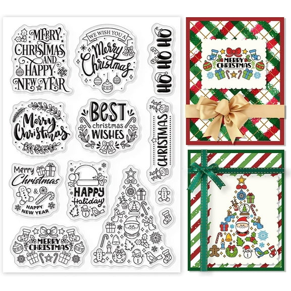 1 Sheet Christmas Greeting Words Clear Stamps Xmas Gift Snowflake Tree Silicone Clear Stamp Seals for Cards Making DIY Scrapbooking Photo Journal Album Decoration