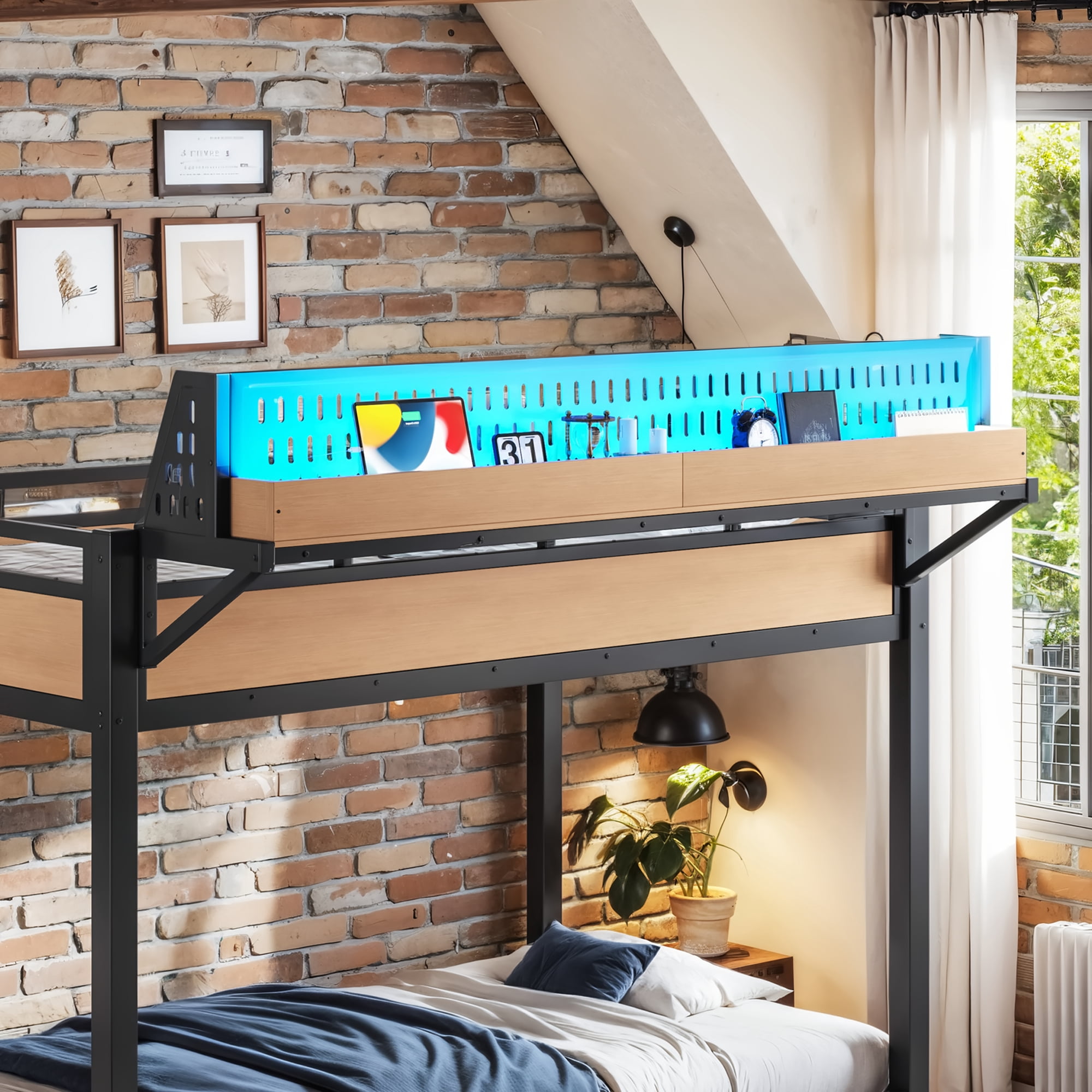 Mintazer Twin XL Over Twin XL Bunk Bed with Storage Shelves and Pegboard, Metal Bunk Bed Frame with LED Lights & Charging Station for Bedroom Guest Room, Black & Brown