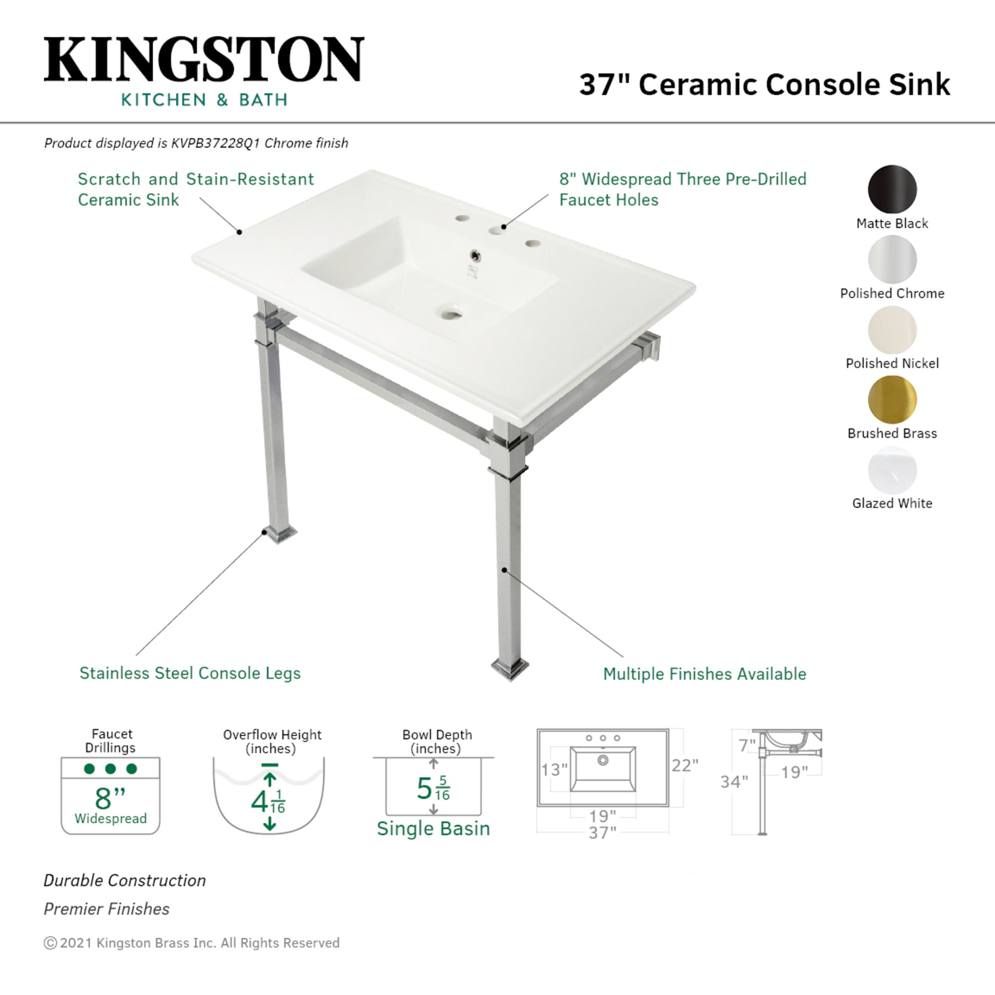 Kingston Brass KVPB37228Q6 Monarch 37" Ceramic Console Sink with Stainless Steel Legs (8-Inch, 3-Hole), White/Polished Nickel