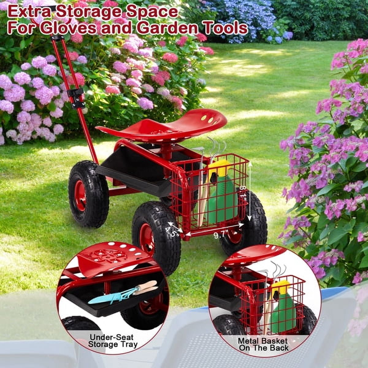 AsterOutdoor Rolling Garden Work Seat Iron, 35 x 17.7 x 22.4 in