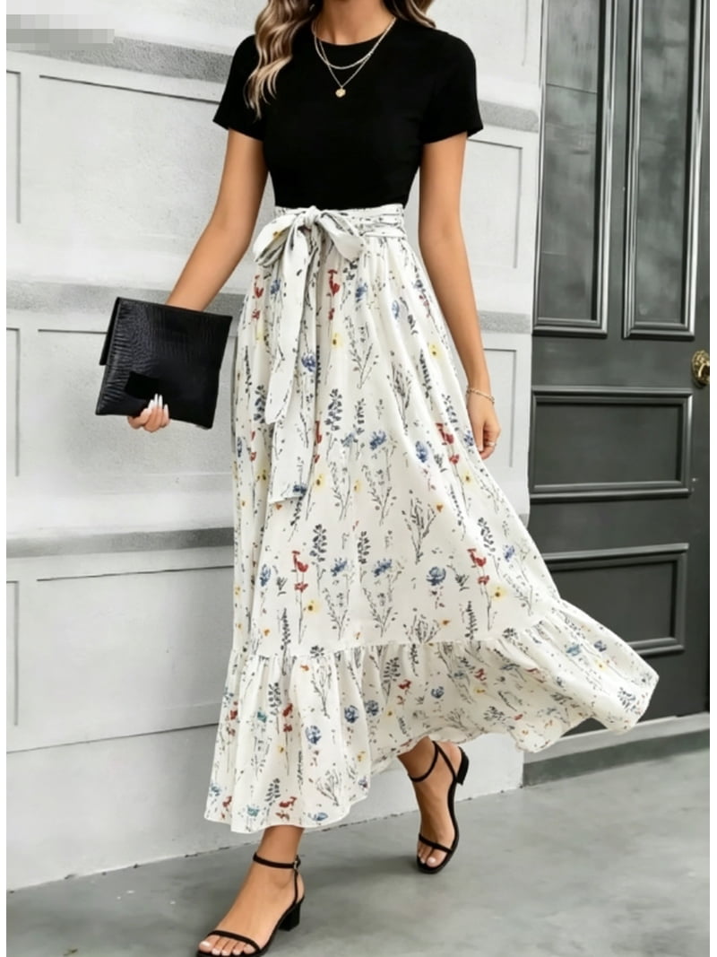 short sleeve color block dress Carol-Pink Floral Print Color Block Ruffled Short Sleeve Flared Midi Dress LARGE
