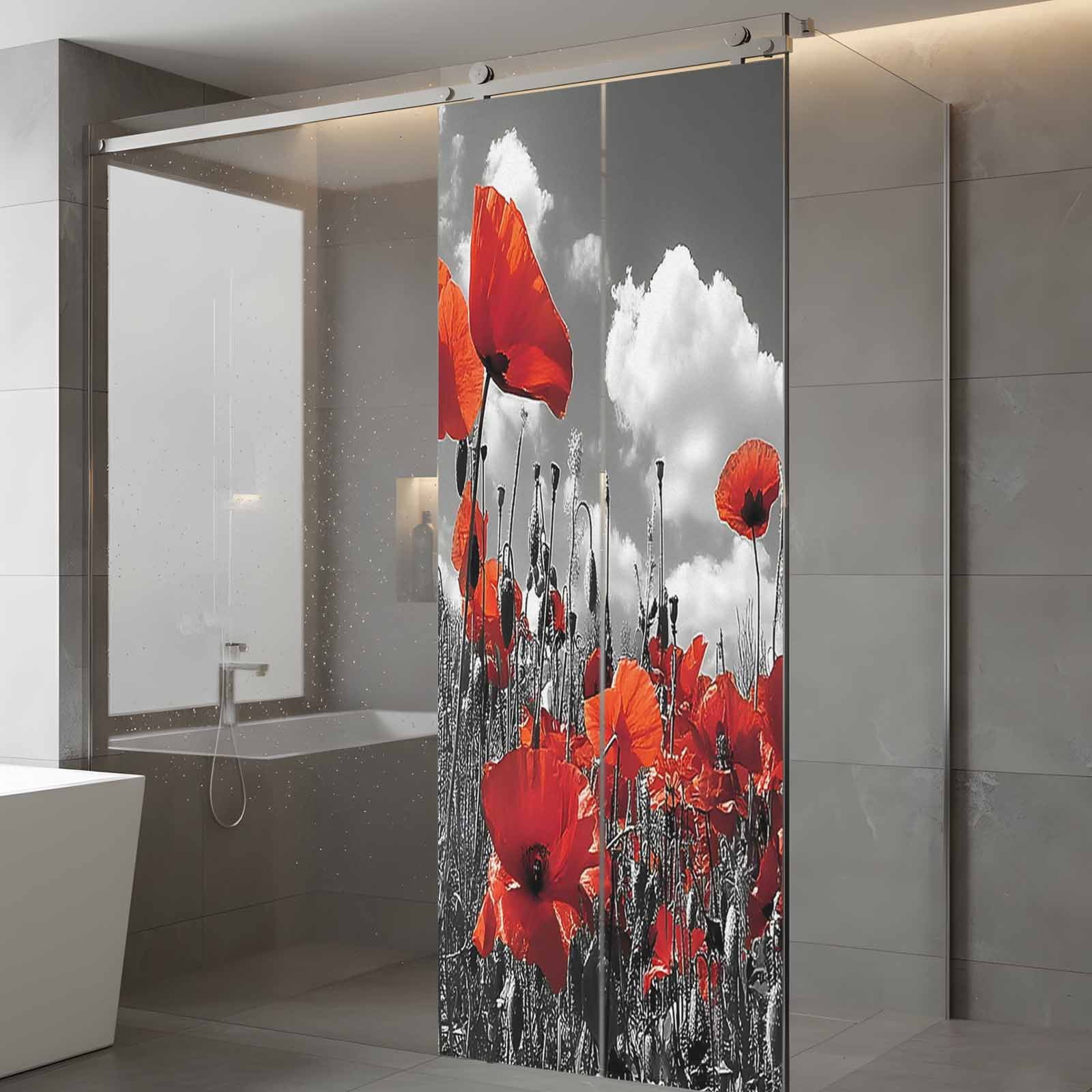 Red Flowers Window Privacy Film, Retro Black White Leaf Red Floral Frosted Glass Window Clings Static Cling UV Heat Blocking Reusable Door Sticker for Bathroom 23.6 x 59 Inch