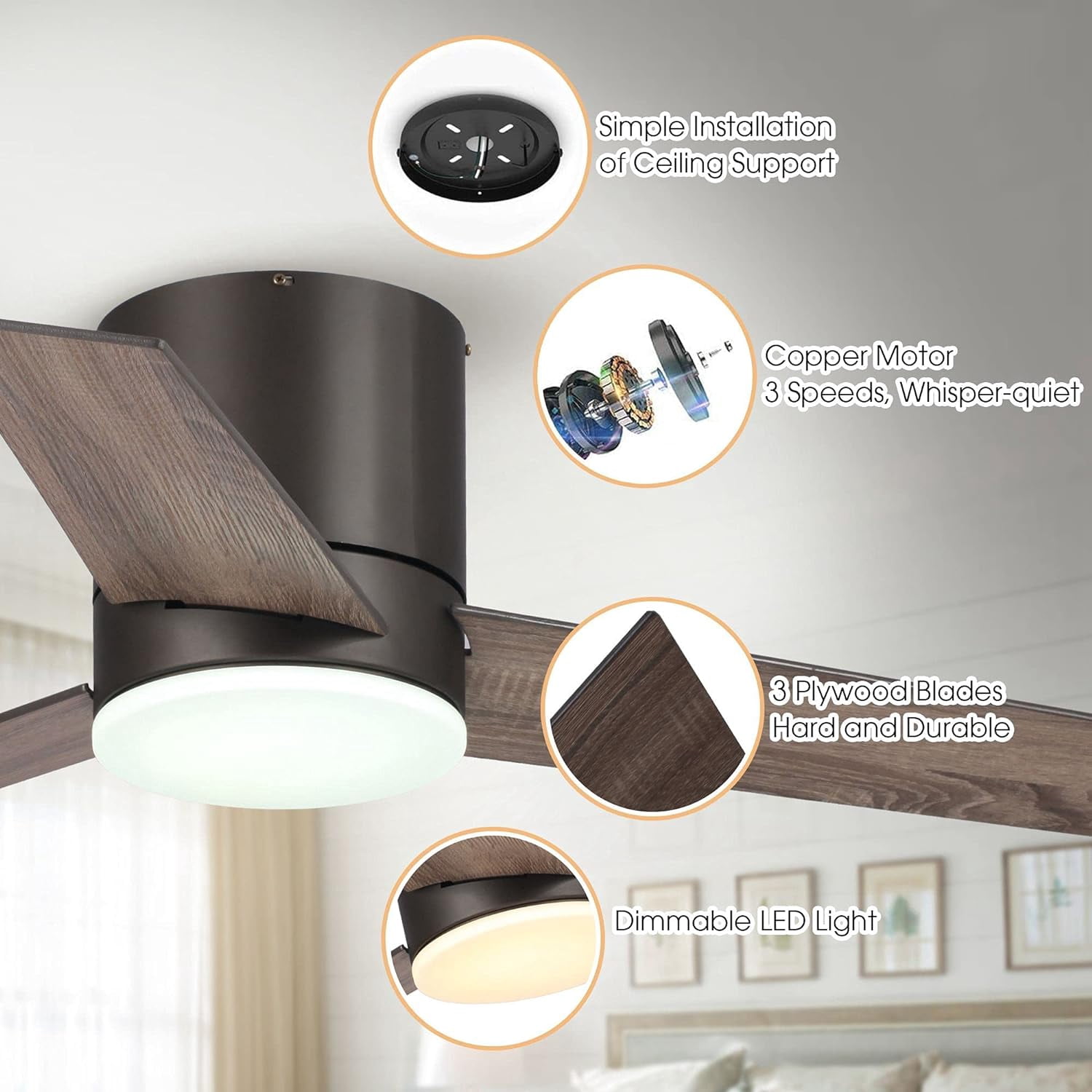Parrot Uncle 48" Farmhouse Flush Mount Ceiling Fans with Lights and Remote, Low Profile Ceiling Fan with Light for Bedroom, Light Color Adjustable