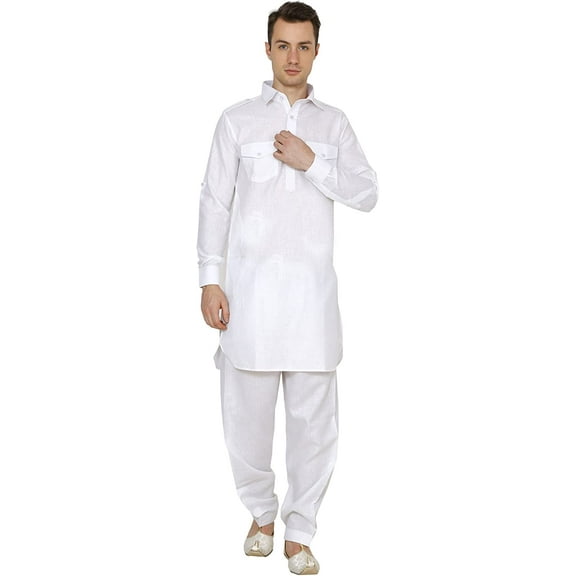Royal Kurta Men's Cotton Linen Pathani Suit Set (White, 46)