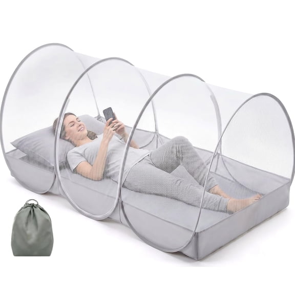 Pop-Up Mosquito Net for Bed, Portable Foldable Bed Canopy with Double Door & Zipper, Instant Setup Mesh Tent for Camping Travel Indoor Outdoor Use