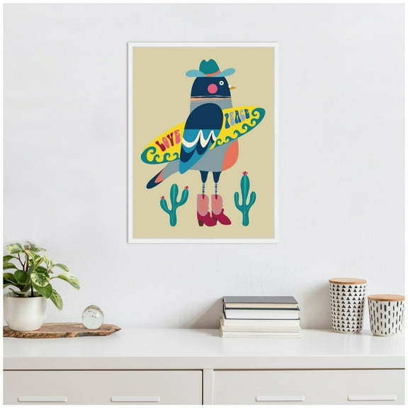Kate and Laurel Surfer Pigeon Framed Canvas Wall Art by Rachel Lee 18 x 24 Sylvie White, Whimsical, Humor, Animals, Abstract, Flowers, Sports Art for Wall Decor, Living Room, Bedroom