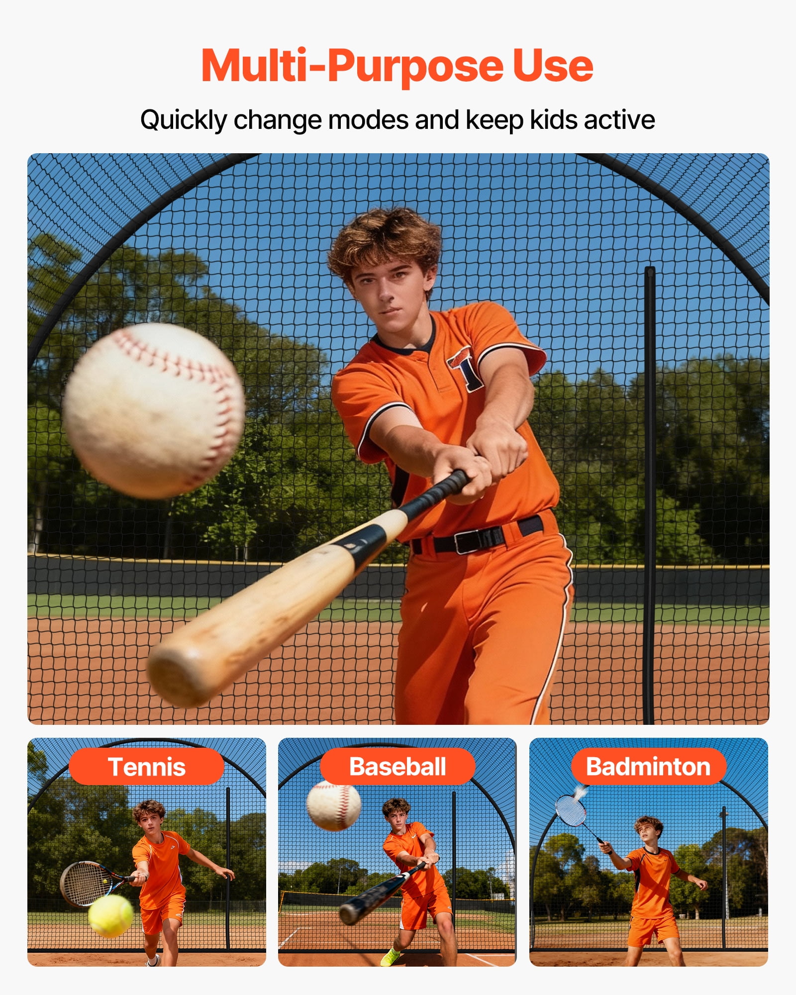 VEVOR Baseball Batting Cage, 12.0 x 10.2 x 7.6 FT Freestanding Portable Batting Cage, Hitting Cages with 4-Ply Knotless Polyester & Pitching Machine Opening, Battings Cages Netting for Outdoor