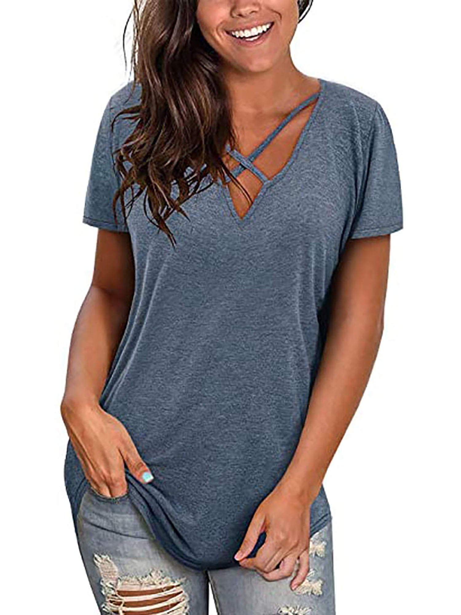 Criss Cross Caged Strappy V-Neck Striped Short Sleeve Tunic T-Shirt Tee Top