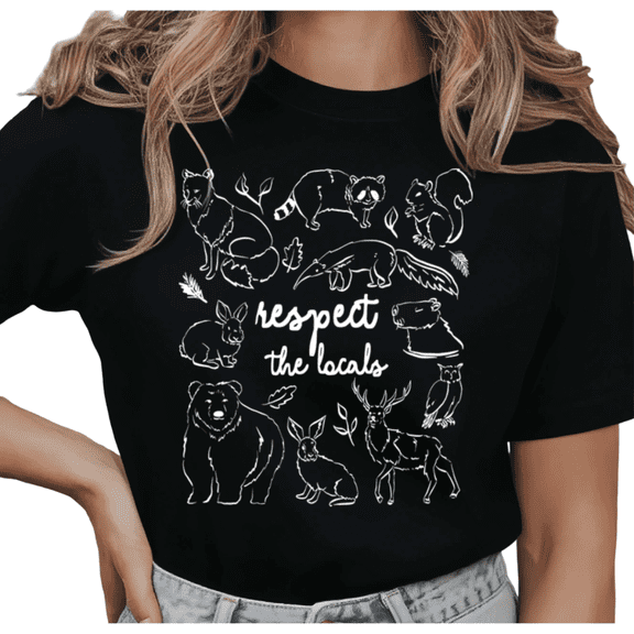 Women's Respect The Locals Retro Wildlife Line Art Graphic Cotton T Shirt Casual Short Sleeve Round Neck Top Black S-5XL