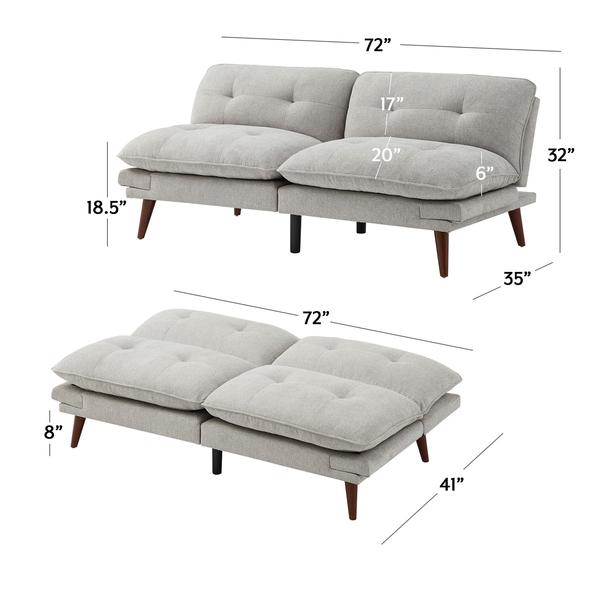 Mainstays 72 in Upholstered Adjustable Arm Futon, Warm Gray