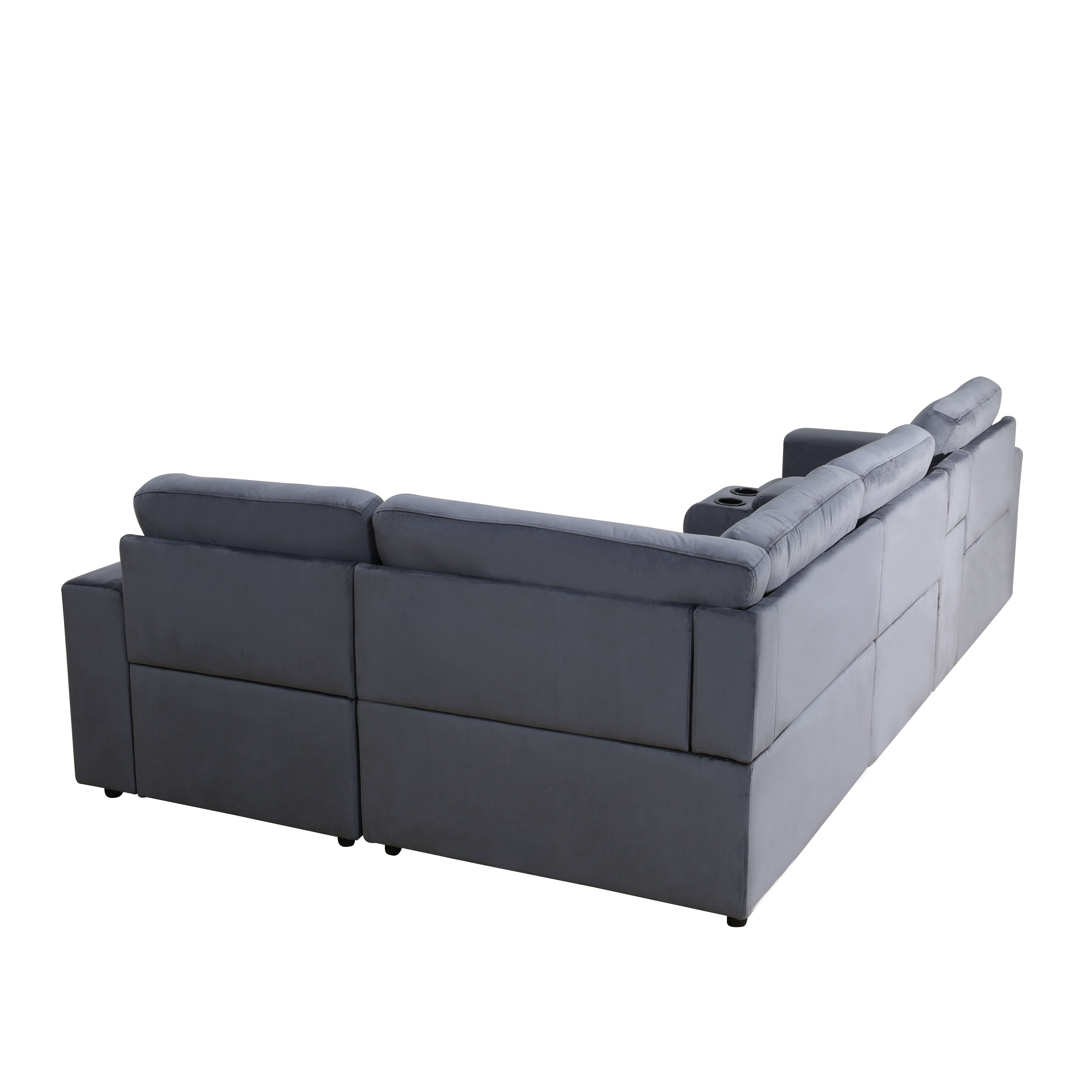 MAYEERTY Modular Corner Sofa, Flocking Fabric Couch with Console & Cup Holders, Dark Grey