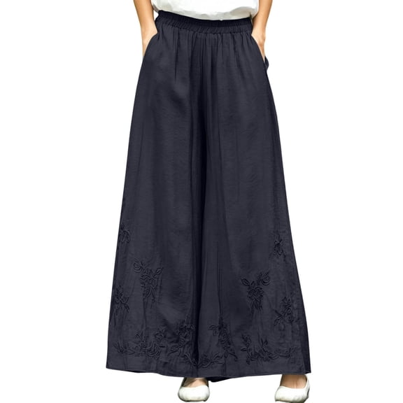 Jerdar Womens Linen Blend Wide Leg Pants Elastic Waist Floral Embroidered Palazzo Trousers With Pockets for Summer Beach And Daily Wear L