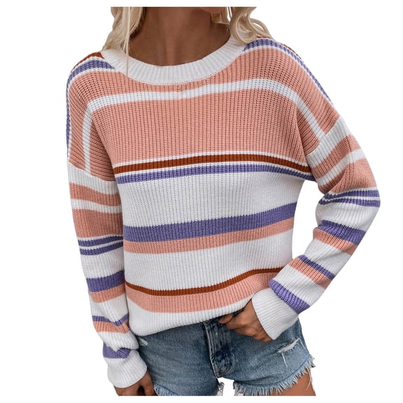 Towmus Pink Womens Sweater Fall Winter Striped Sweaters Casual Trendy Sweater