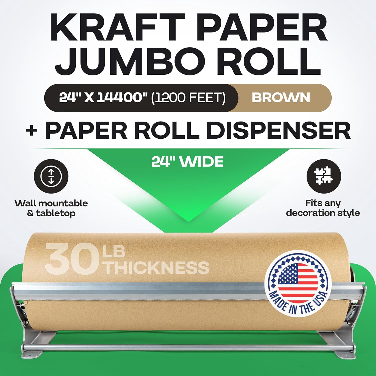 IDL Packaging Brown Kraft Paper Jumbo Roll 24" x 14400" (1200 ft) with Dispenser – USA-Made Natural Kraft Paper 30lb Thickness