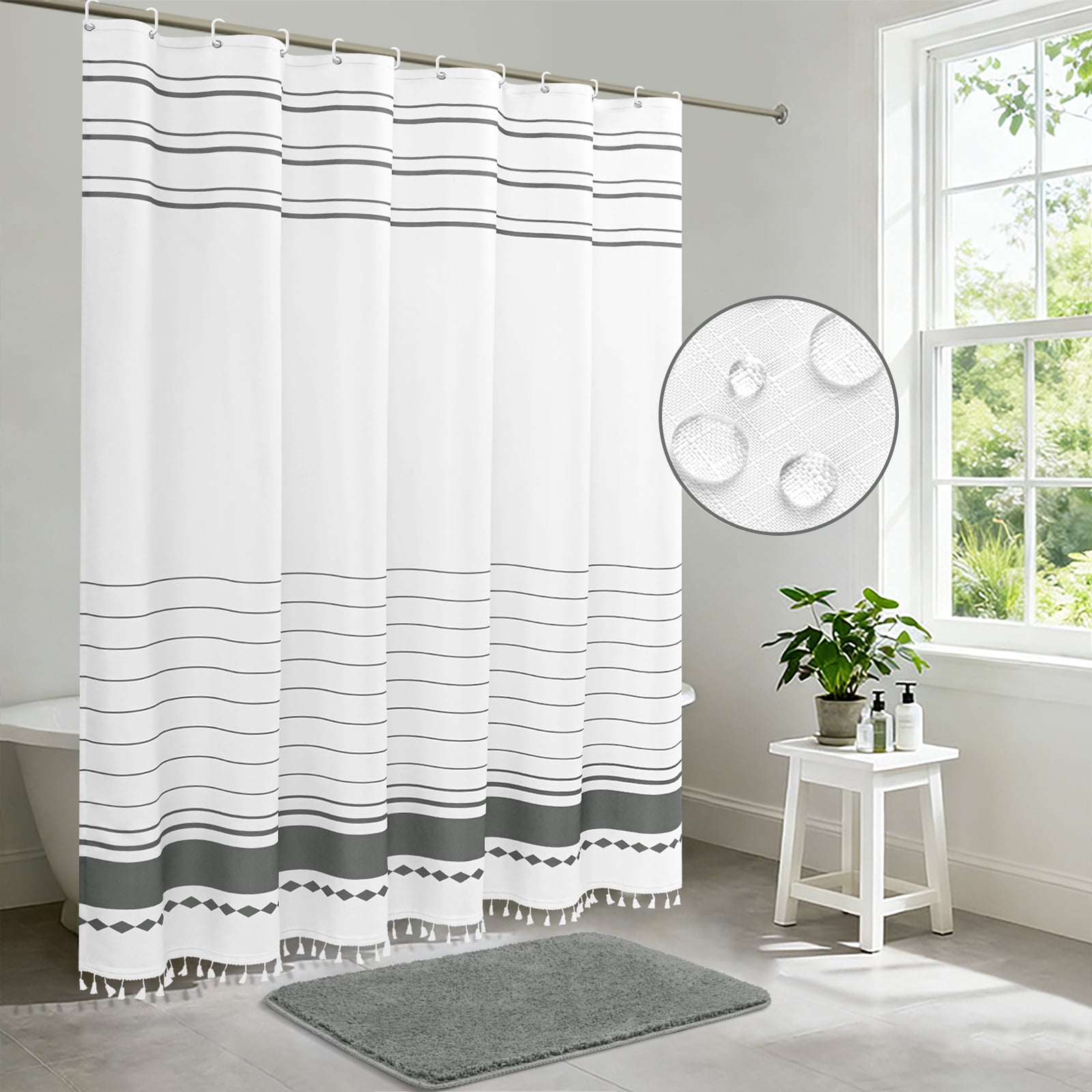 FRAMICS Striped Tassel Shower Curtain Sets with Bath Rug, Boho Farmhouse Water-Repellent Fabric Bathroom Sets with Hooks, Slub Textured Design, 72" x 72", Gray