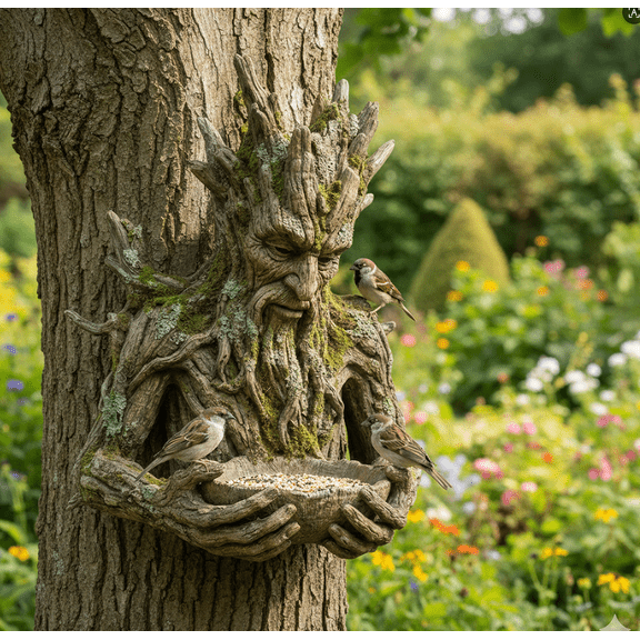 RjnShan The Quiet Offering A Tree-Integrated Bird Feeding Sculpture Tree Faces Decor Unique Outdoor Millennial Ancient Tree Bird Feeder with Hidden Keyhole Hanger Art Decor Garden Accessory