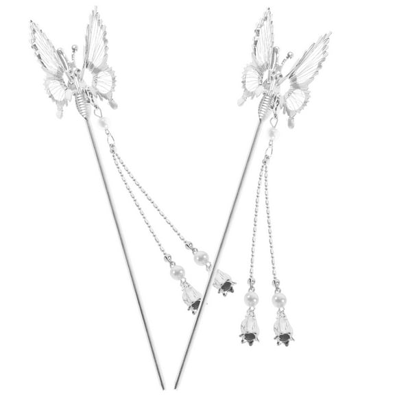 UPKOCH 2Pcs Butterfly Chinese Tassel Hair Stick Silver Metal For Women Dating