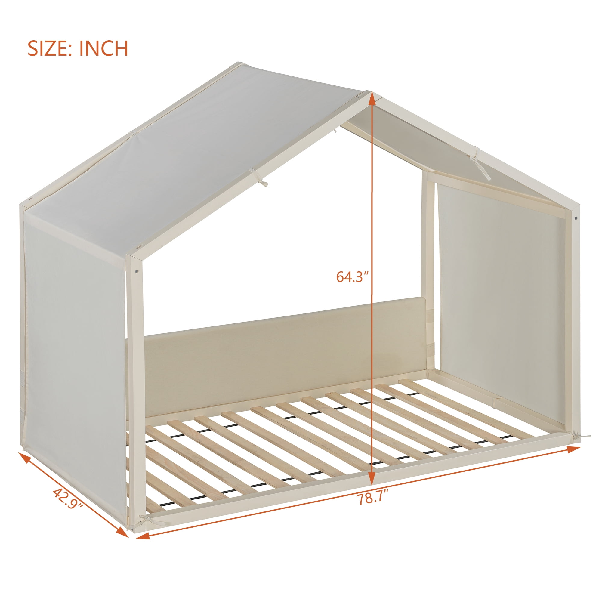 Mintazer Twin Size Montessori House Floor Bed with Breathable Linen Canopy & Velvet Upholstered Side Guard Panels, Low Platform Kids Playhouse Bed Frame for Bedroom Guest Room, Natural