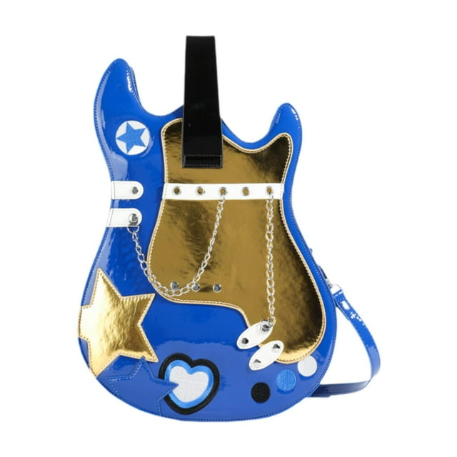 Mochila con forma de guitarra, cuero de PU de moda para vacaciones, viajes, compras, fiesta de trabajo Azul oscuro