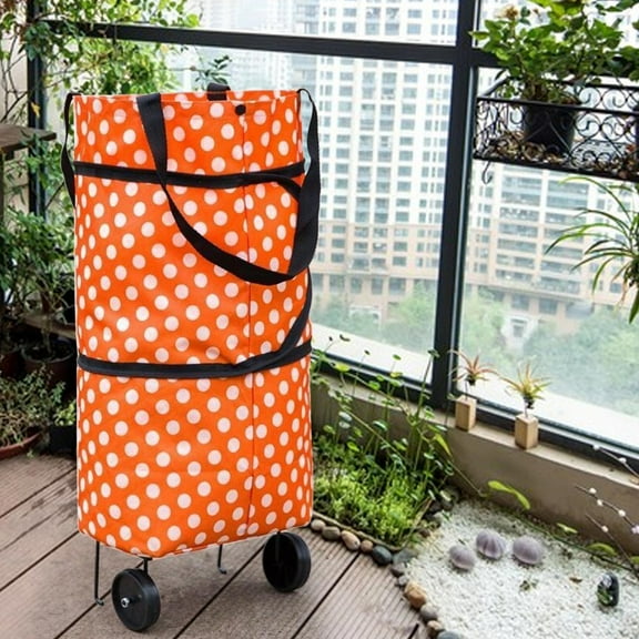 Folding Trolley Bag with Foldable Shopping Bag for Shopping Small Cart with Polka Dots Orange,1X Folding Shopping Bag