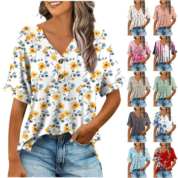 JTZGDY Henley Shirts for Women Cute Floral Pattern Printed Short Sleeve Button V Neck Graphic T-Shirts Loose Fit Dressy Tunic Blouse Yellow L