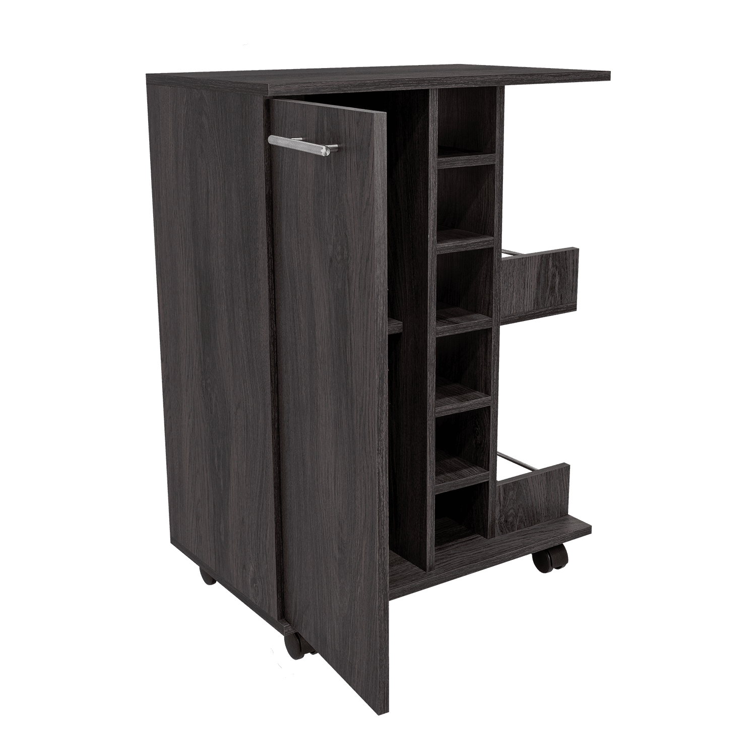 Bar Cart, Two External Shelves, Four Casters, Six Built-in Wine Rack, Single Door Cabinet -Espresso