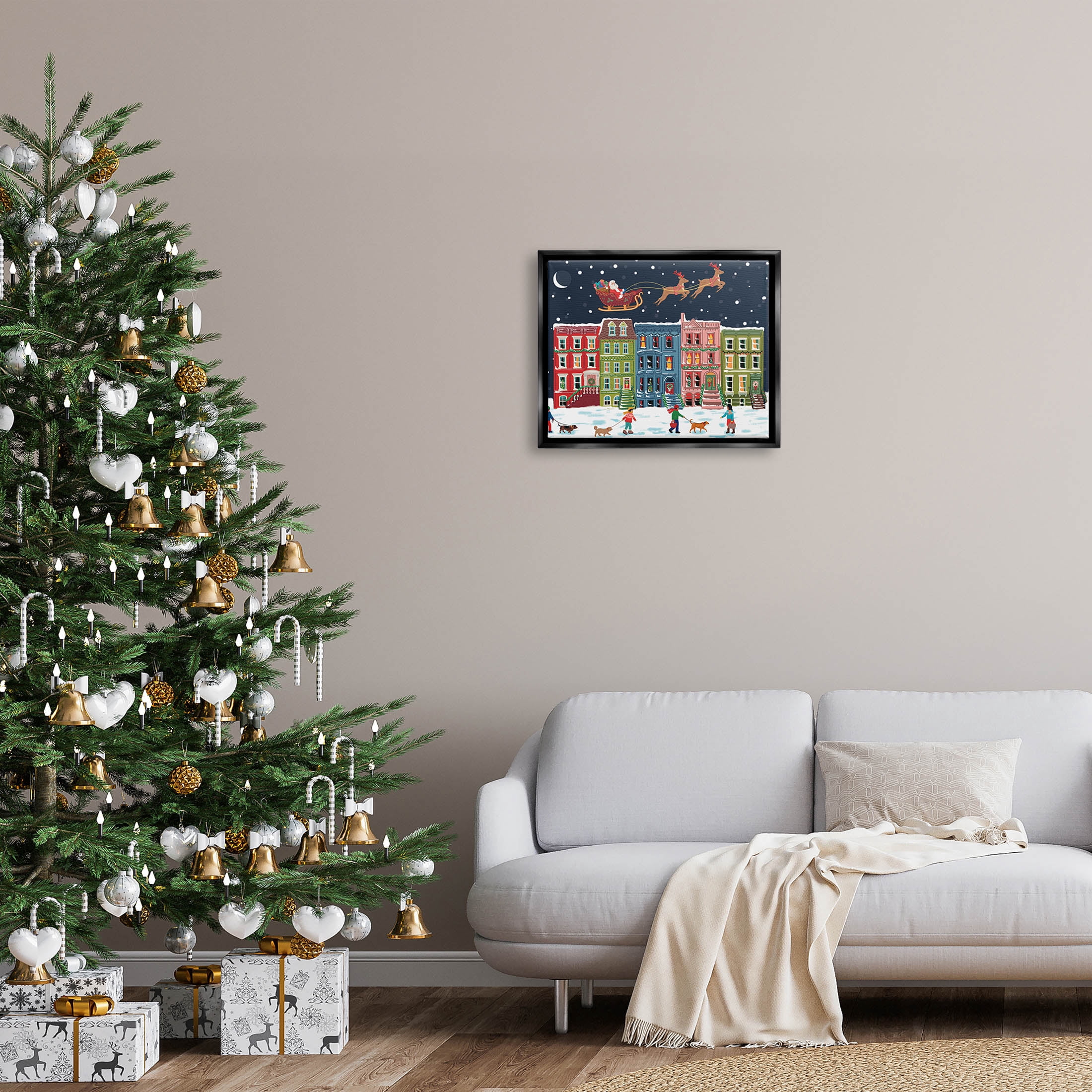 Snowy Christmas Town Santa Overhead Holiday Graphic Art Jet Black Framed Art Print Wall Art