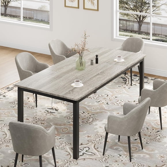 QinaQin Mesa de comedor farmhouse para 6 a 8 personas, diseño rectangular amplio con patas metálicas resistentes, ideal para cocina, comedor u oficina