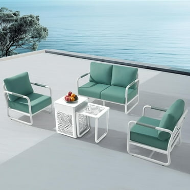 MBY 4-Seat Aluminum Patio Furniture Set with 45,000 BTU Propane Fire Pit Table and Glass Wind Guard, Weather-Resistant for Garden, Pool or Balcony-White