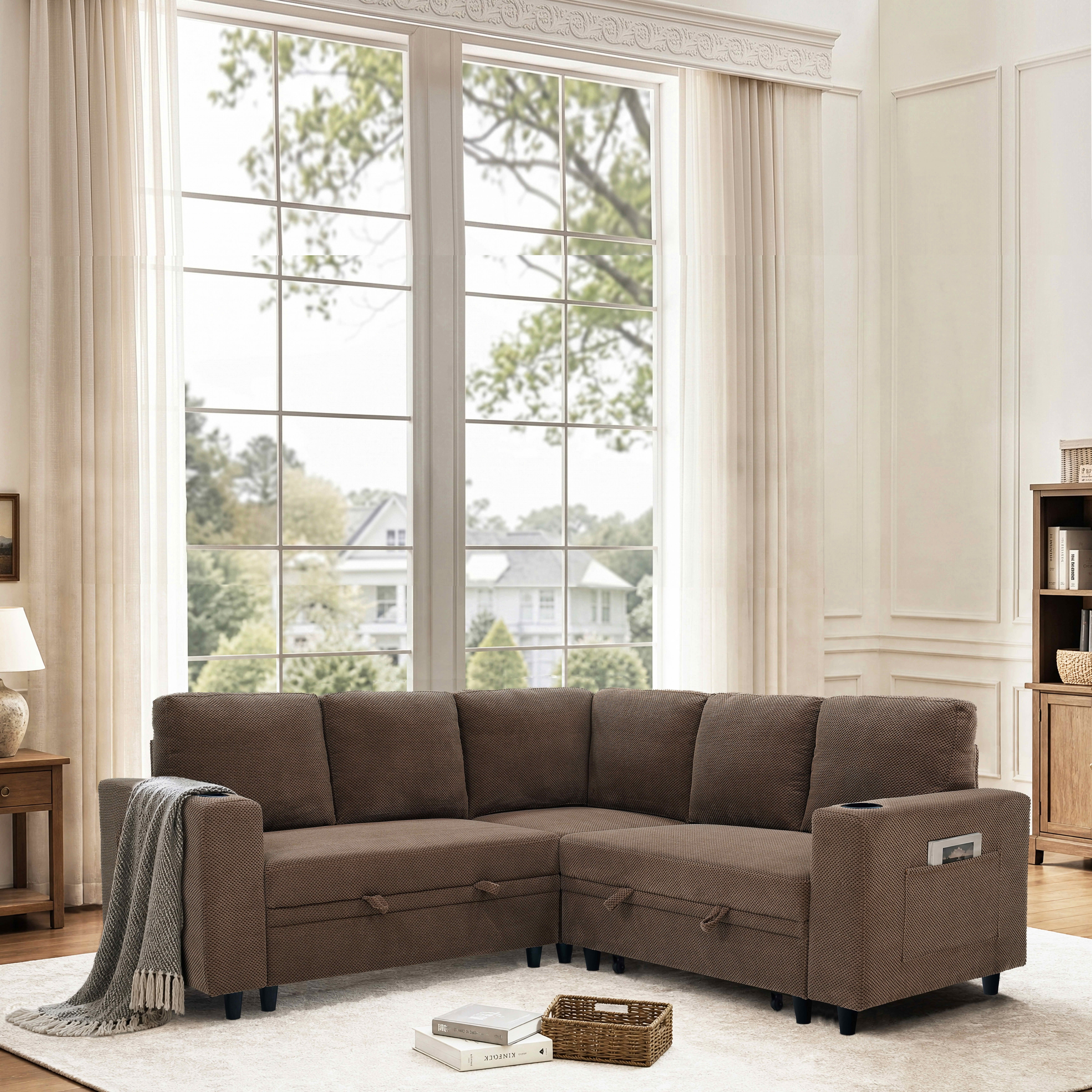 MAYEERTY 76.5 Inch L‑Shape Convertible Sectional Sofa Bed, Nubby Fabric Corner Couch with Pull‑Out Sleeper, Storage, Cup Holders and Side Pockets