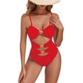 thumbnail image 3 of PNTUTB Summer Women's Resort Swimwear Fashionable Casual Solid-Color Cutout Spaghetti-Strap Ruched One-Piece Bikini Swimsuit with Star Accents, 3 of 7