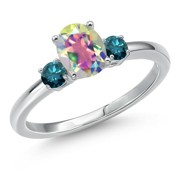 Gem Stone King 14K White Gold Mercury Mist Mystic Topaz and Blue Diamond Engagement Ring for Women | 1.20 Cttw | Oval 7X5MM | Gemstone November Birthstone | Size 8