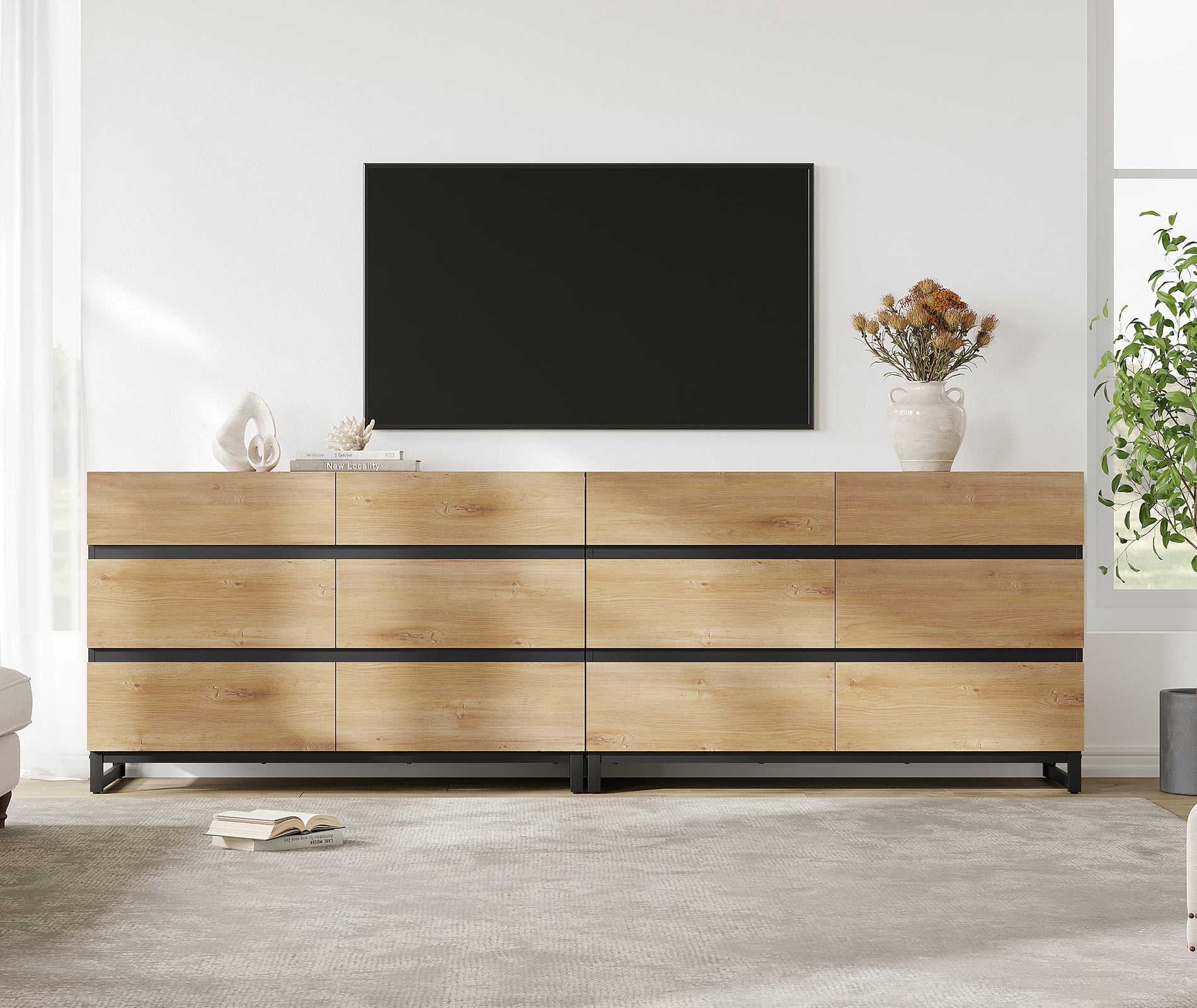 WAMPAT 12-Drawer TV Stand, Modern Large Media Console with Sturdy Metal Base, Wooden Entertainment Cabinet Fits 100 Inch TV for Living Room, Oak