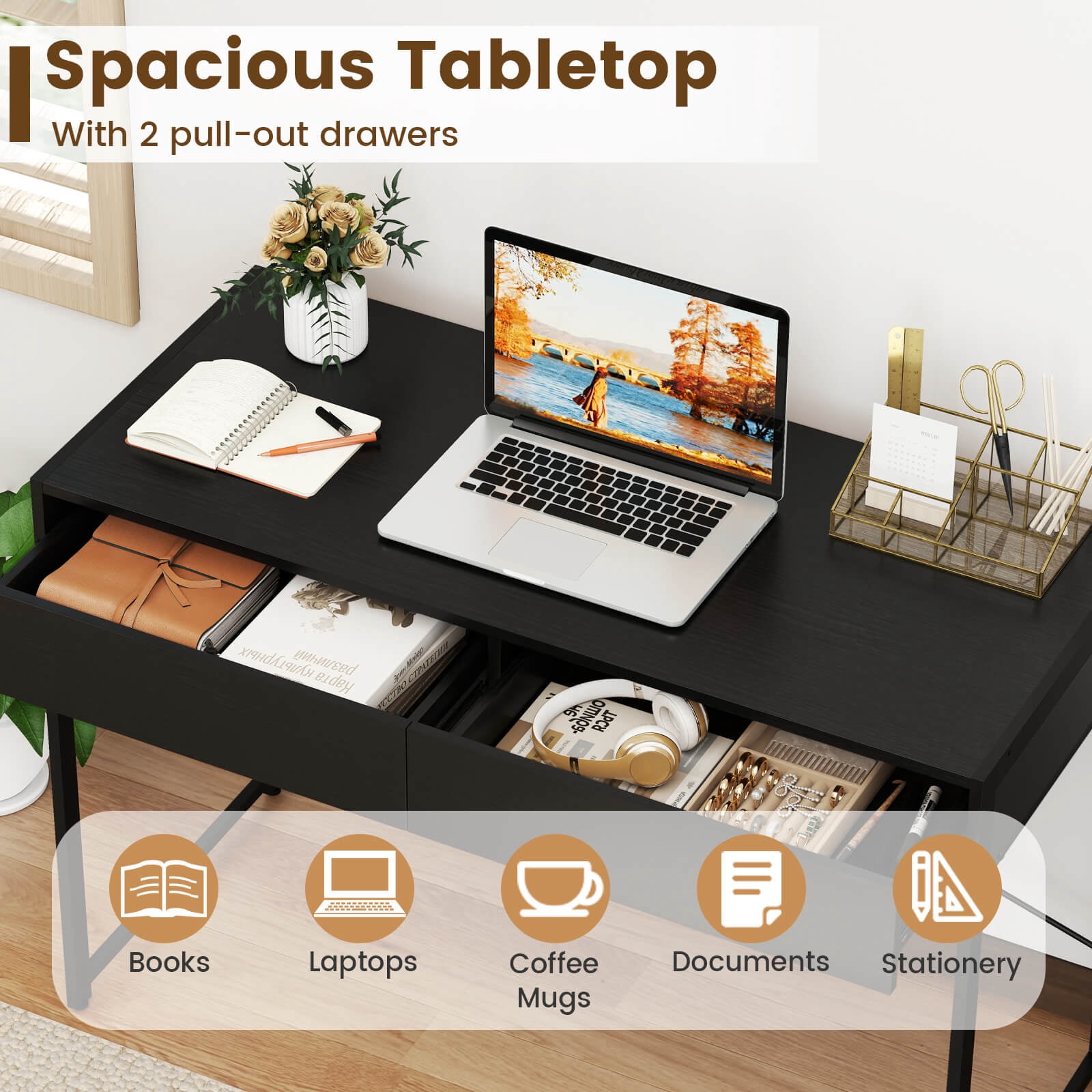 Costway Modern 2-Drawer Computer Desk wIth Reinforced Heavy-Duty Metal Frame Anti-Tip Kit