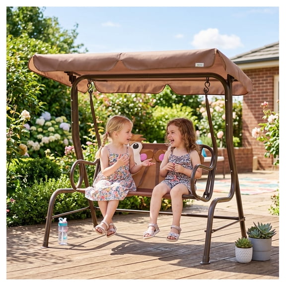 Kids Patio Swing 2-Seater, Outdoor Swing Chair with Canopy & Safety Belt, Monkey Design, Garden Bench for Backyard, Coffee