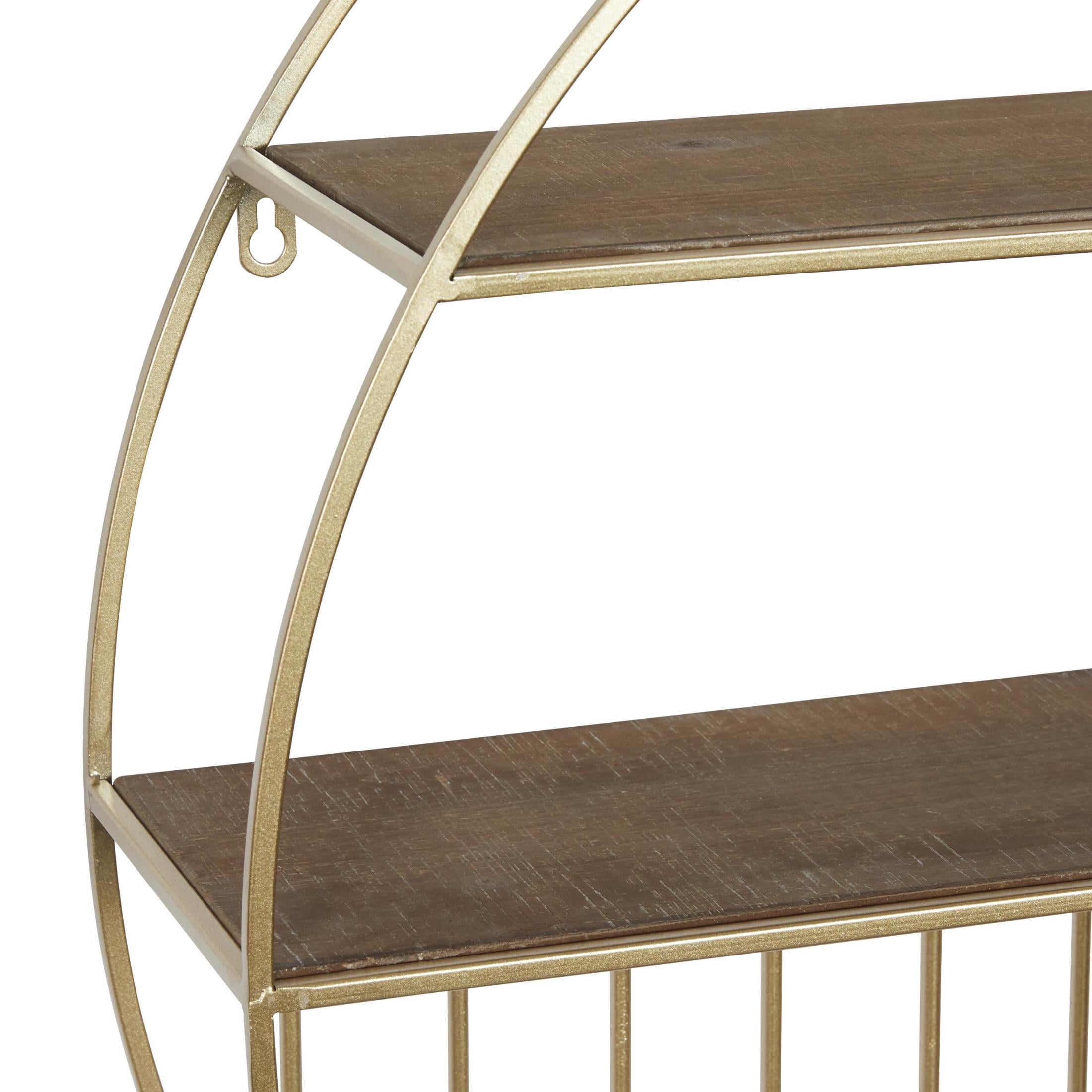 DecMode Gold Modern Iron Round Wall Shelf with Natural Brown Shelf Finish , 28"W x 28"H