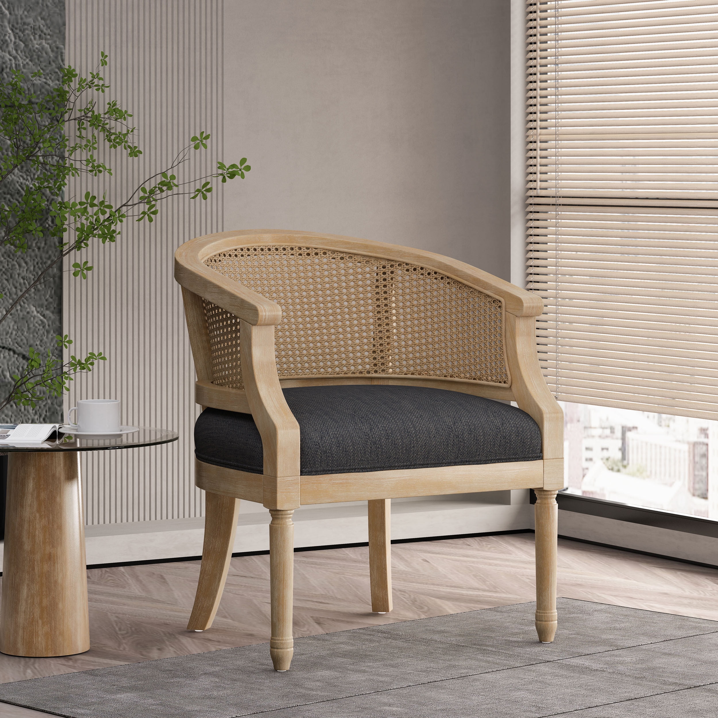 Noble House Silkie Wood and Cane Club Chair, Charcoal