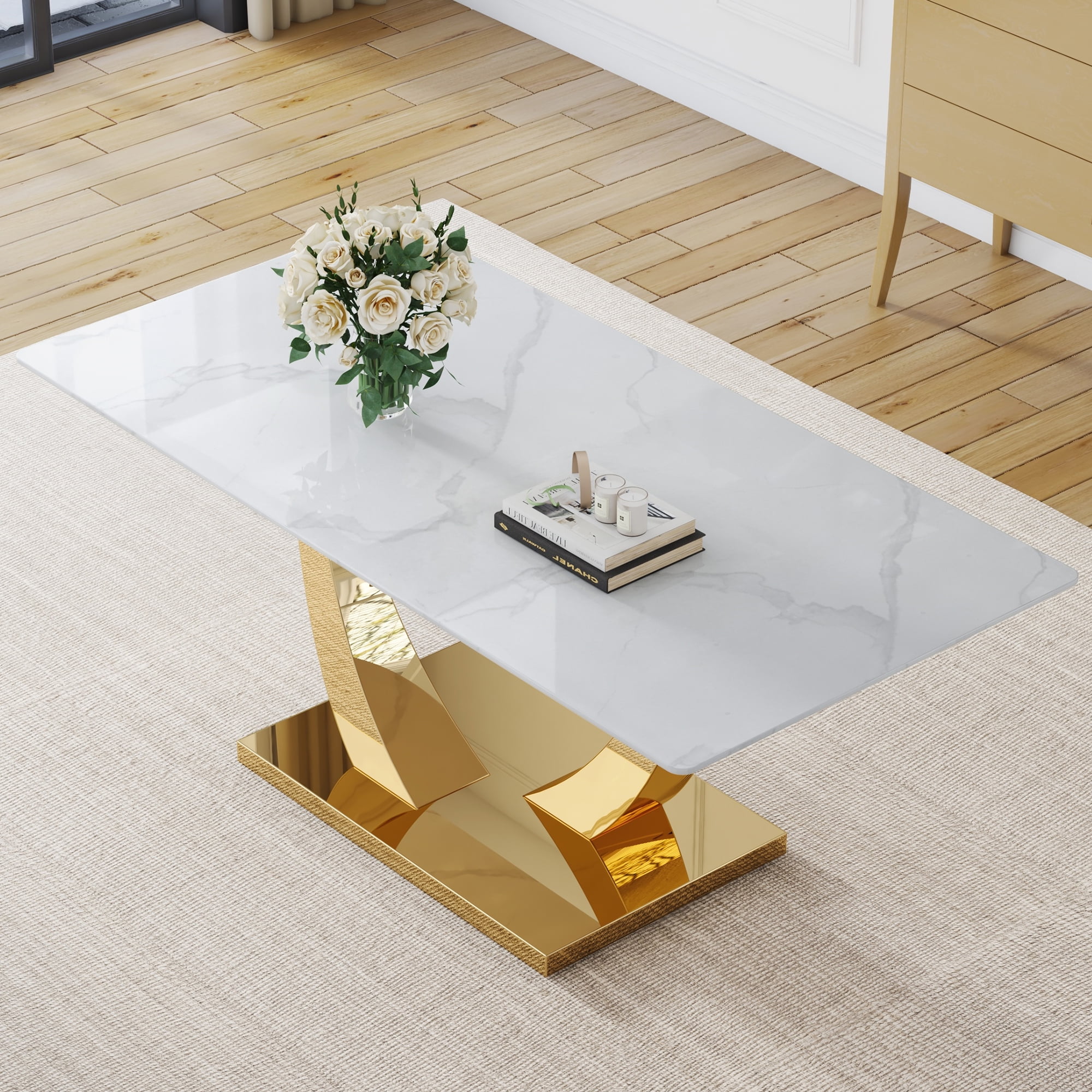 TesNus 71" Rectangular Dining Table, White Faux Marble Glass Top with Gold U Shaped Metal Base for Dining Room